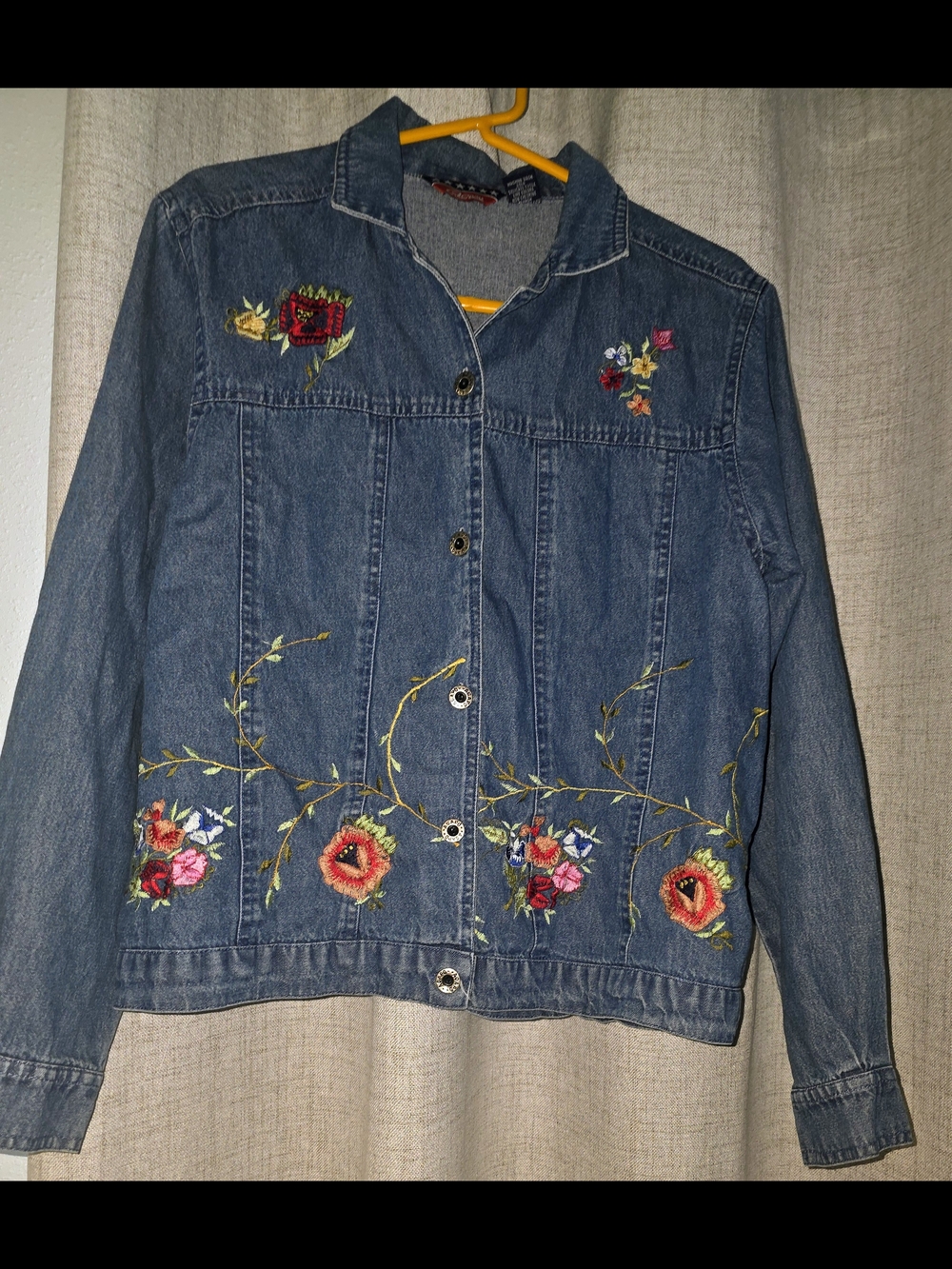 Agapo Womens Denim Jacket Blue Button Up Embroidered Medium